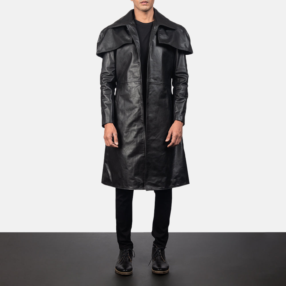 Men's Classic Zwart Leather Duster voor Heren in Black Cowhide Leather - Front Profile View &amp; Tailored Silhouette | Buy Online