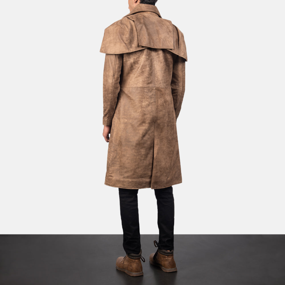 Men's Classic Bruin Leather Duster voor Heren - Lateral Side Profile View Showing Sleeve Cut &amp; Athletic Taper Fit