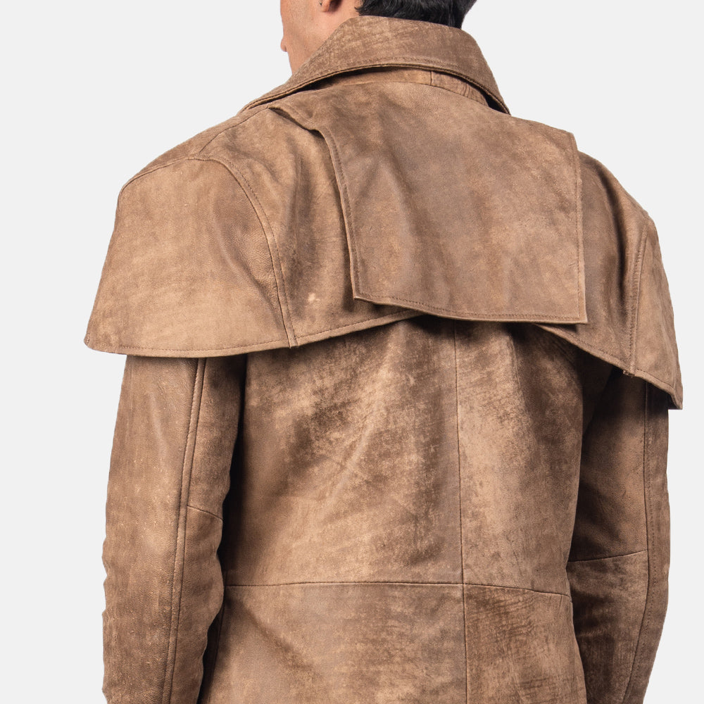 Close-Up Detail of Classic Collar &amp; Heavy-Duty Zipper Hardware on Men's Classic Bruin Leather Duster voor Heren