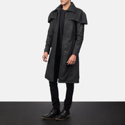 
Distressed Black Sheepskin Snuffed Trench Coat - Achteraanzicht met getailleerde schouders & strakke zoom