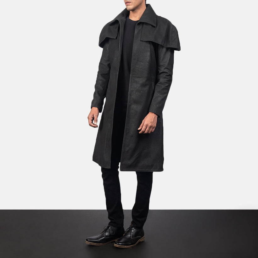 Classic Distressed Zwart Leather Duster voor Heren