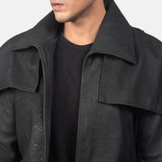 
Detailopname of Classic Collar & Heavy-Duty Zipper Hardware on Classic Distressed Zwart Leather Duster voor Heren
