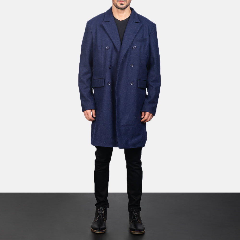 
Blue Wool Double Breasted Coat in Navy Blue Synthetic Wool - Vooraanzicht & getailleerd silhouet | Online kopen