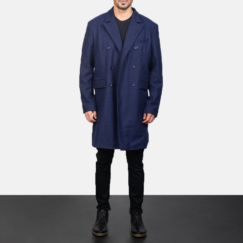Claud Blauw Wool Double-Breasted Leren Jas voor Heren