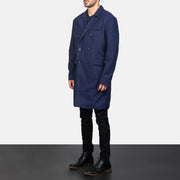 
Navy Blue Synthetic Wool Trench Coat - Achteraanzicht met getailleerde schouders & strakke zoom