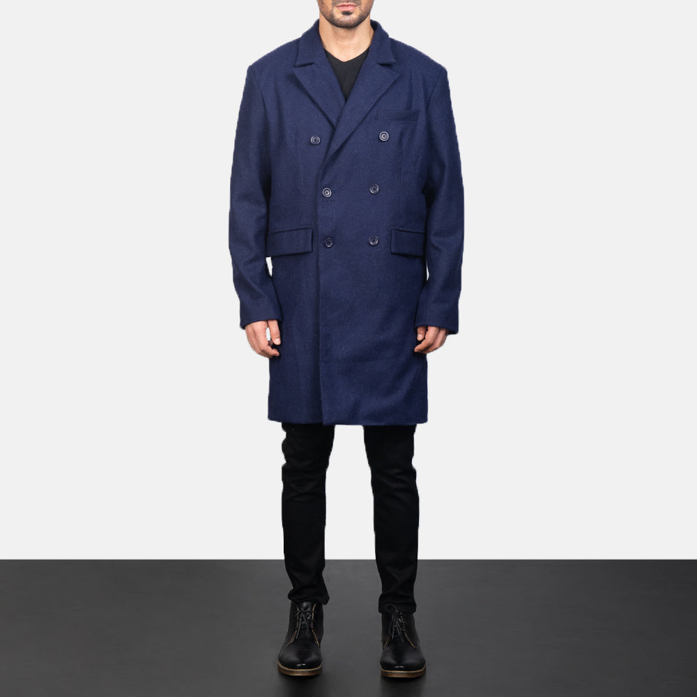 
Blue Wool Double Breasted Coat - Zijaanzicht met ergonomische mouwsnede