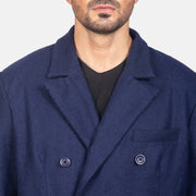 
Detailopname of Notch & Button Hardware on Blue Wool Double Breasted Coat