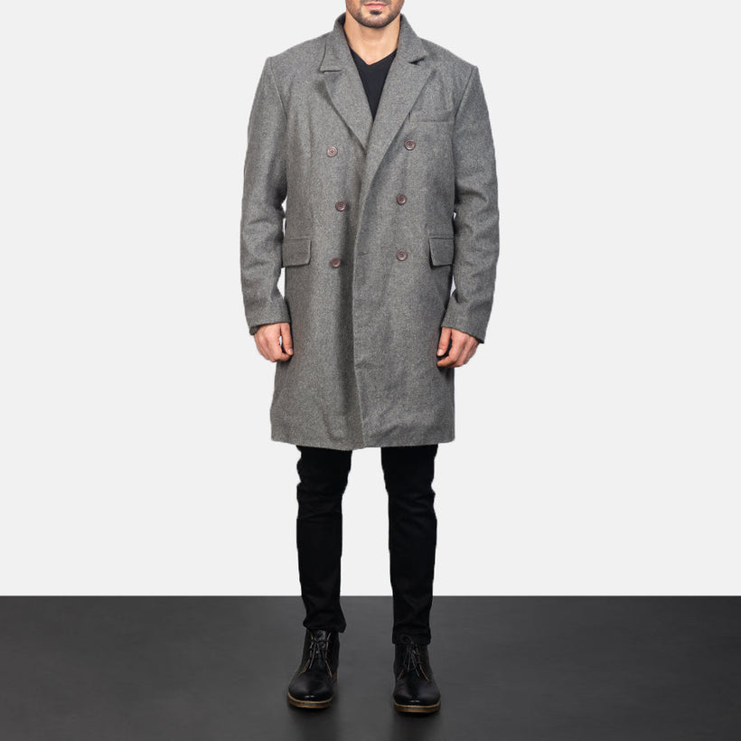 Claud Grey Wool Double-Breasted Leren Jas voor Heren