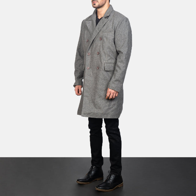 Claud Grey Wool Double-Breasted Leren Jas voor Heren