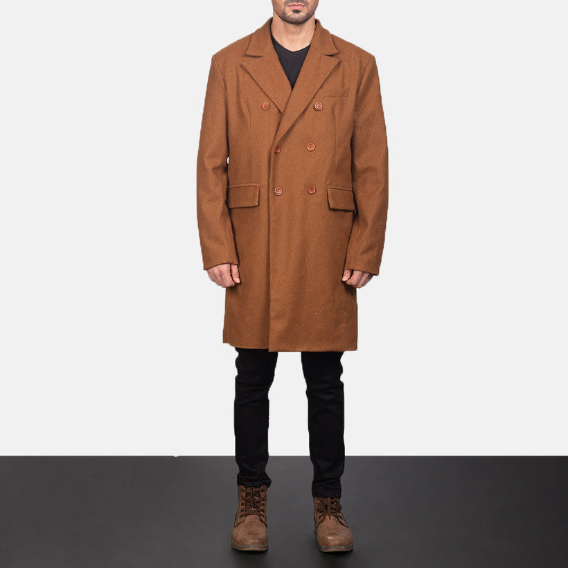Claud Khaki Wool Double-Breasted Leren Jas voor Heren