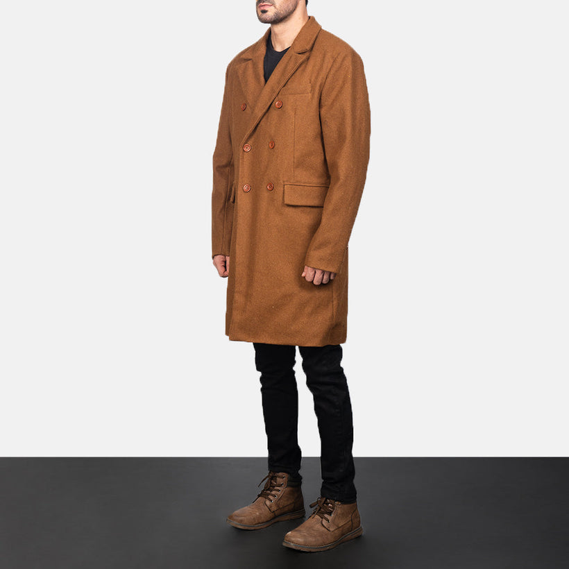 Claud Khaki Wool Double-Breasted Leren Jas voor Heren