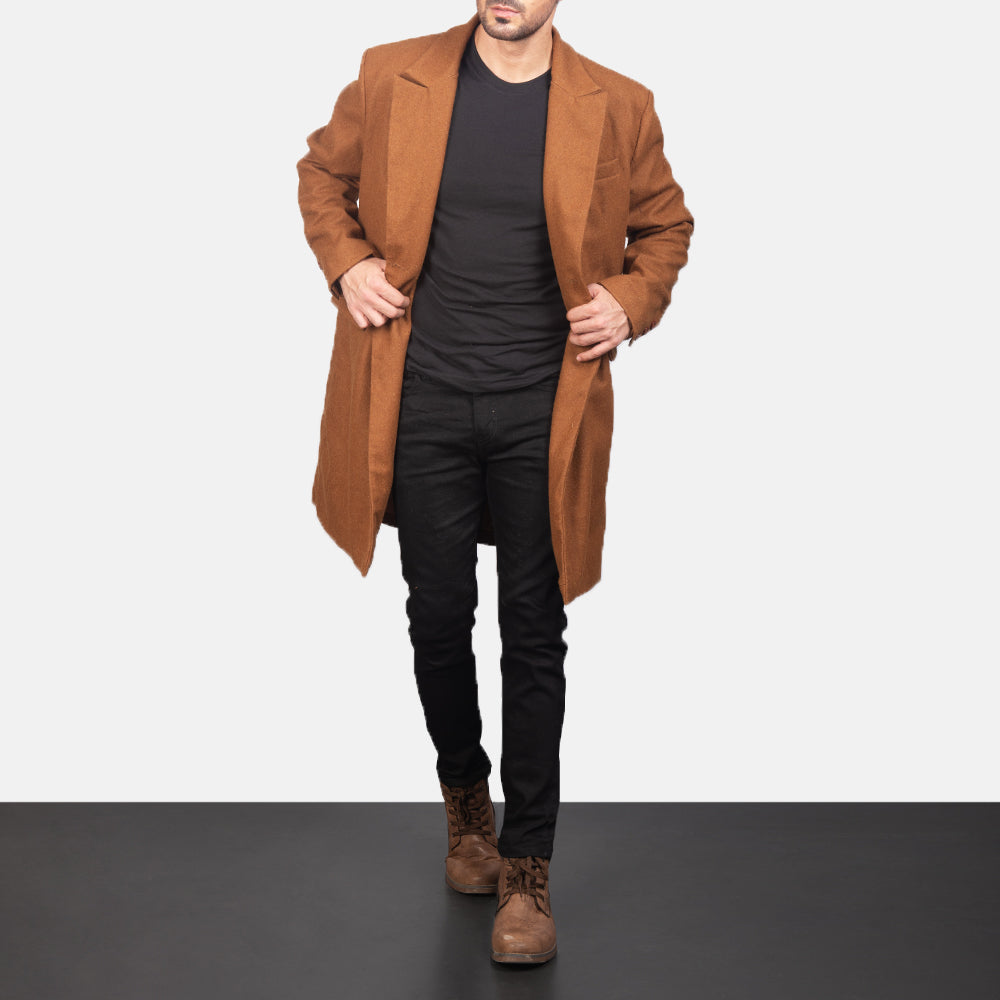 Close-Up Detail of Notch &amp; Button Hardware on Men's Claud Khaki Wool Double Breasted Coat