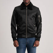 
Clyde B-15 Black Bomber Jacket in Black Satin - Vooraanzicht & getailleerd silhouet | Online kopen
