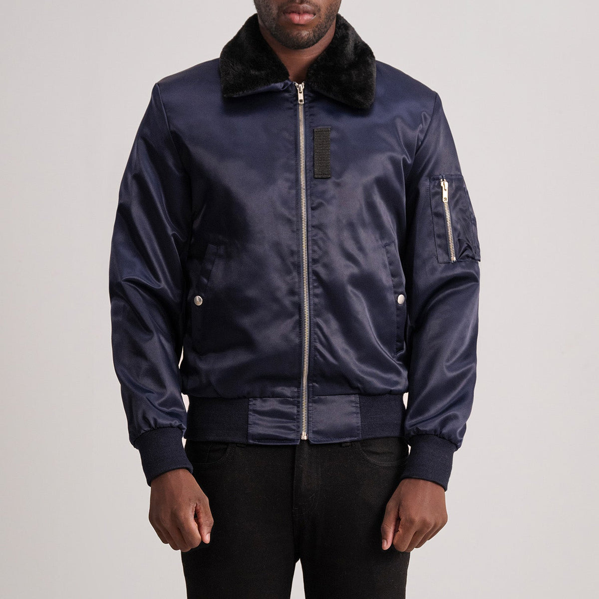 Clyde B-15 Blauw Leren Bomberjack voor Heren in Blue Satin - Front Profile View &amp; Tailored Silhouette | Buy Online