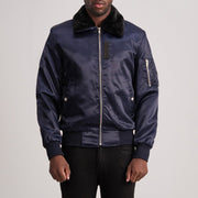 Clyde B-15 Blauw Leren Bomberjack voor Heren in Blue Satin - Front Profile View &amp; Tailored Silhouette | Buy Online