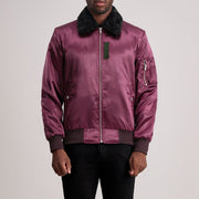 Clyde B-15 Kastanjebruin Leren Bomberjack voor Heren in Maroon Satin - Front Profile View &amp; Tailored Silhouette | Buy Online