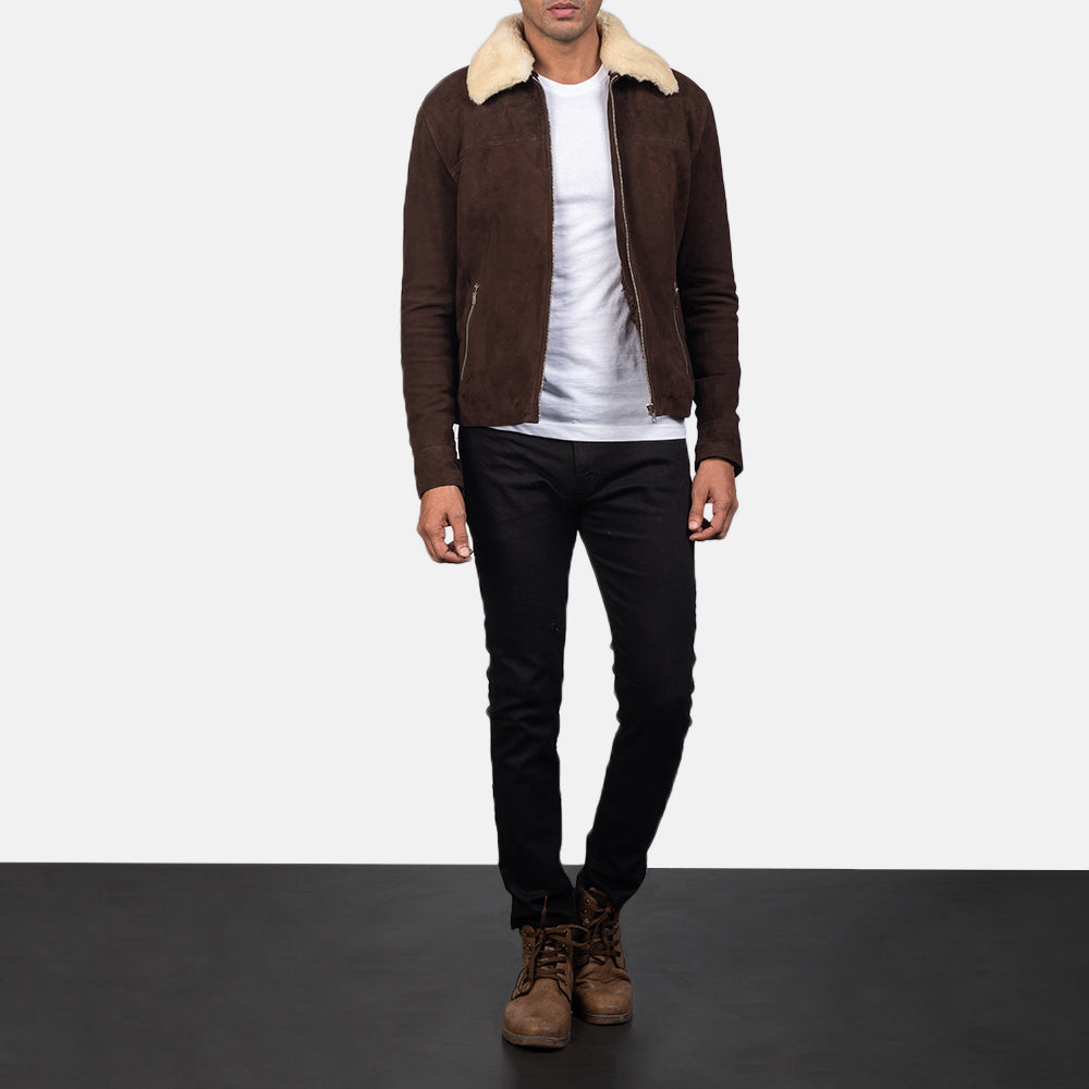 Men's Coffner Bruin Shearling Fur Leren Jas voor Heren - Lateral Side Profile View Showing Sleeve Cut &amp; Athletic Taper Fit