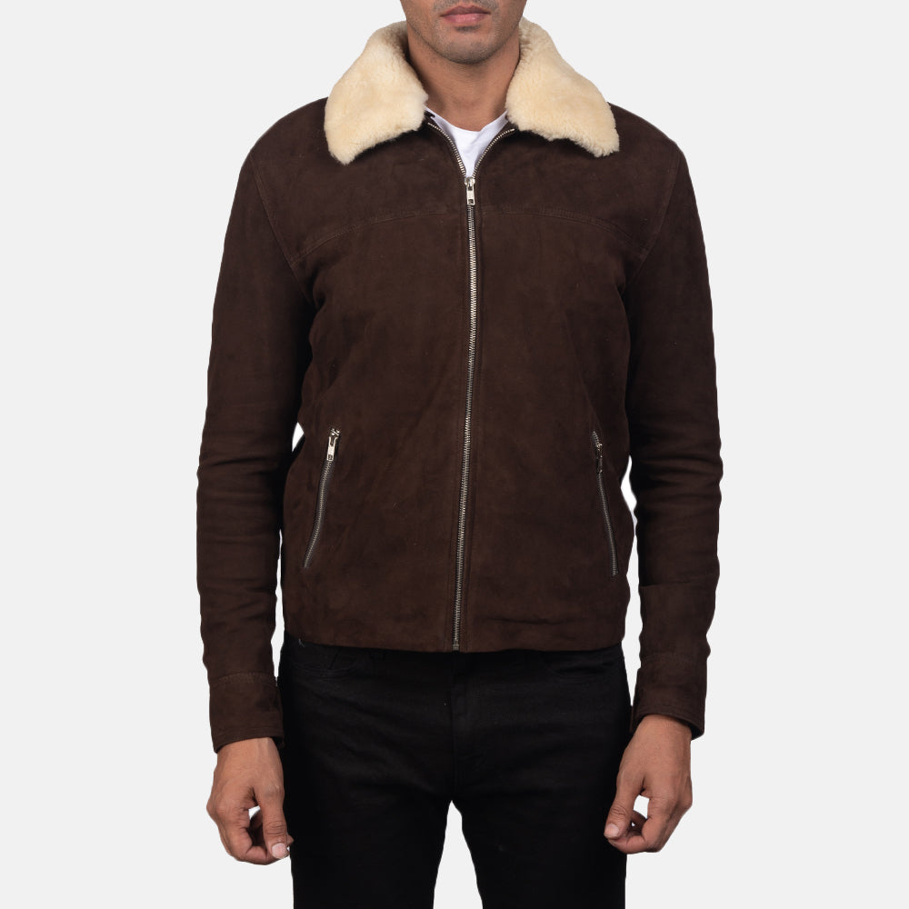 Close-Up Detail of Shirt with Removable Fur Collar &amp; Zipper Hardware on Men's Coffner Bruin Shearling Fur Leren Jas voor Heren