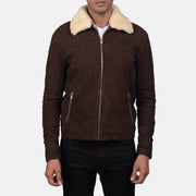 Close-Up Detail of Shirt with Removable Fur Collar &amp; Zipper Hardware on Men's Coffner Bruin Shearling Fur Leren Jas voor Heren