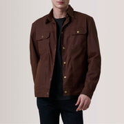 Colberto Bruin Waxed Canvas Trucker Leren Jas voor Heren For Men in Brown Waxed Cotton Canvas - Front Profile View &amp; Tailored Silhouette | Buy Online