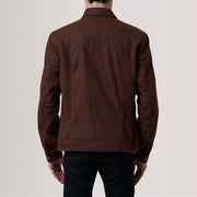 Close-Up Detail of Classic Collar &amp; Snap Button Hardware on Colberto Bruin Waxed Canvas Trucker Leren Jas voor Heren For Men