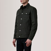 Colberto Olive Waxed Canvas Trucker Leren Jas voor Heren For Men - Lateral Side Profile View Showing Sleeve Cut &amp; Athletic Taper Fit