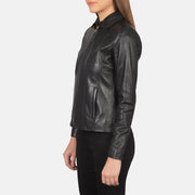 Women Colette Zwart Leren Jas voor Dames - Lateral Side Profile View Showing Sleeve Cut &amp; Athletic Taper Fit