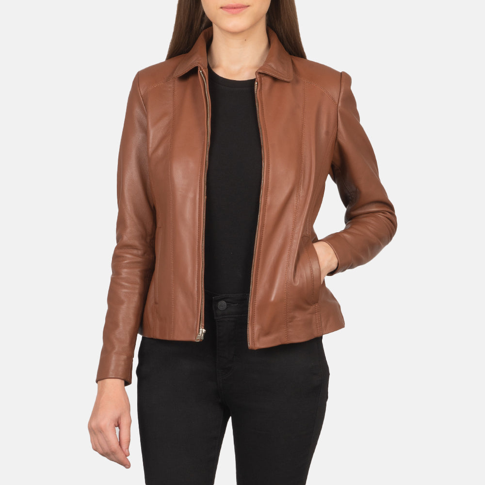 Women Colette Bruin Leren Jas voor Dames in Brown Sheepskin Leather - Front Profile View &amp; Tailored Silhouette | Buy Online
