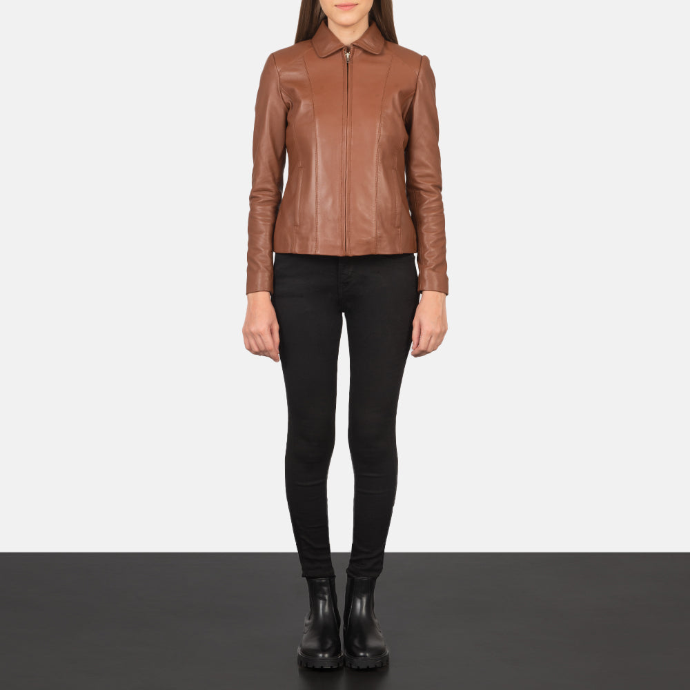 Women Colette Bruin Leren Jas voor Dames - Lateral Side Profile View Showing Sleeve Cut &amp; Athletic Taper Fit