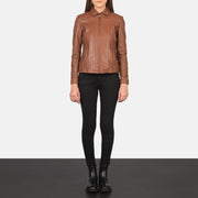 Women Colette Bruin Leren Jas voor Dames - Lateral Side Profile View Showing Sleeve Cut &amp; Athletic Taper Fit