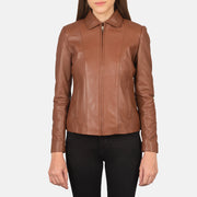 Close-Up Detail of Shirt &amp; Zipper Hardware on Women Colette Bruin Leren Jas voor Dames