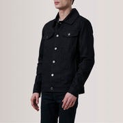 Conard Zwart Denim Trucker Leren Jas voor Heren For Men - Lateral Side Profile View Showing Sleeve Cut &amp; Athletic Taper Fit