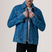 Conard Blauw Denim Trucker Leren Jas voor Heren For Men in Blue Full-Grain Leather - Front Profile View &amp; Tailored Silhouette | Buy Online