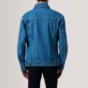 Close-Up Detail of Classic Collar &amp; Heavy-Duty Zipper Hardware on Conard Blauw Denim Trucker Leren Jas voor Heren For Men