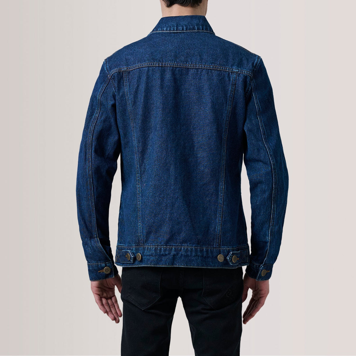 
Detailopname of Classic Collar & Heavy-Duty Zipper Hardware on Conard Dark Blauw Denim Trucker Leren Jas voor Heren For Men