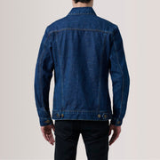 
Detailopname of Classic Collar & Heavy-Duty Zipper Hardware on Conard Dark Blauw Denim Trucker Leren Jas voor Heren For Men