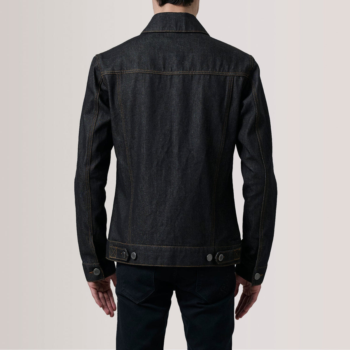 
Detailopname of Classic Collar & Heavy-Duty Zipper Hardware on Conard Faded Zwart Denim Trucker Leren Jas voor Heren For Men
