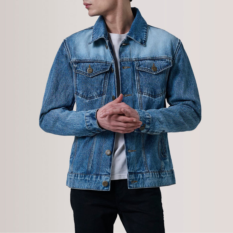 Conard Ice Blauw Denim Trucker Leren Jas voor Heren