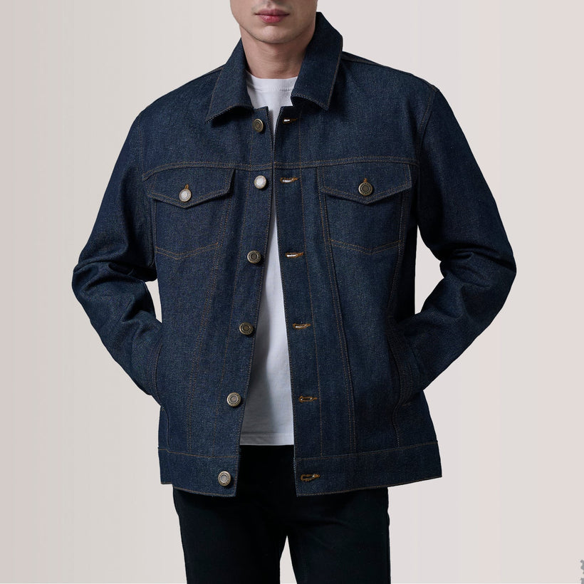 Conard Indigo Blauw Denim Trucker Leren Jas voor Heren