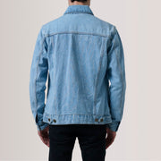 Close-Up Detail of Classic Collar &amp; Heavy-Duty Zipper Hardware on Conard Light Blauw Denim Trucker Leren Jas voor Heren For Men