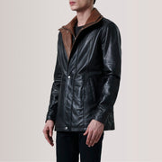Connor Black Leather Coat For Men - Lateral Side Profile View Showing Sleeve Cut &amp; Athletic Taper Fit