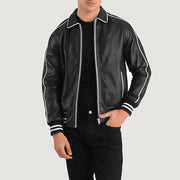Cooper Zwart Leather Varsity Leren Jas voor Heren in Black Sheepskin Leather - Front Profile View &amp; Tailored Silhouette | Buy Online
