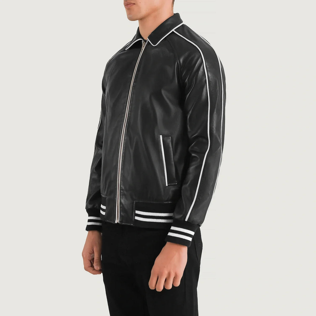 Black Sheepskin Leather Varsity Jacket - Back View Showing Tailored Shoulder Fit &amp; Clean Hemline