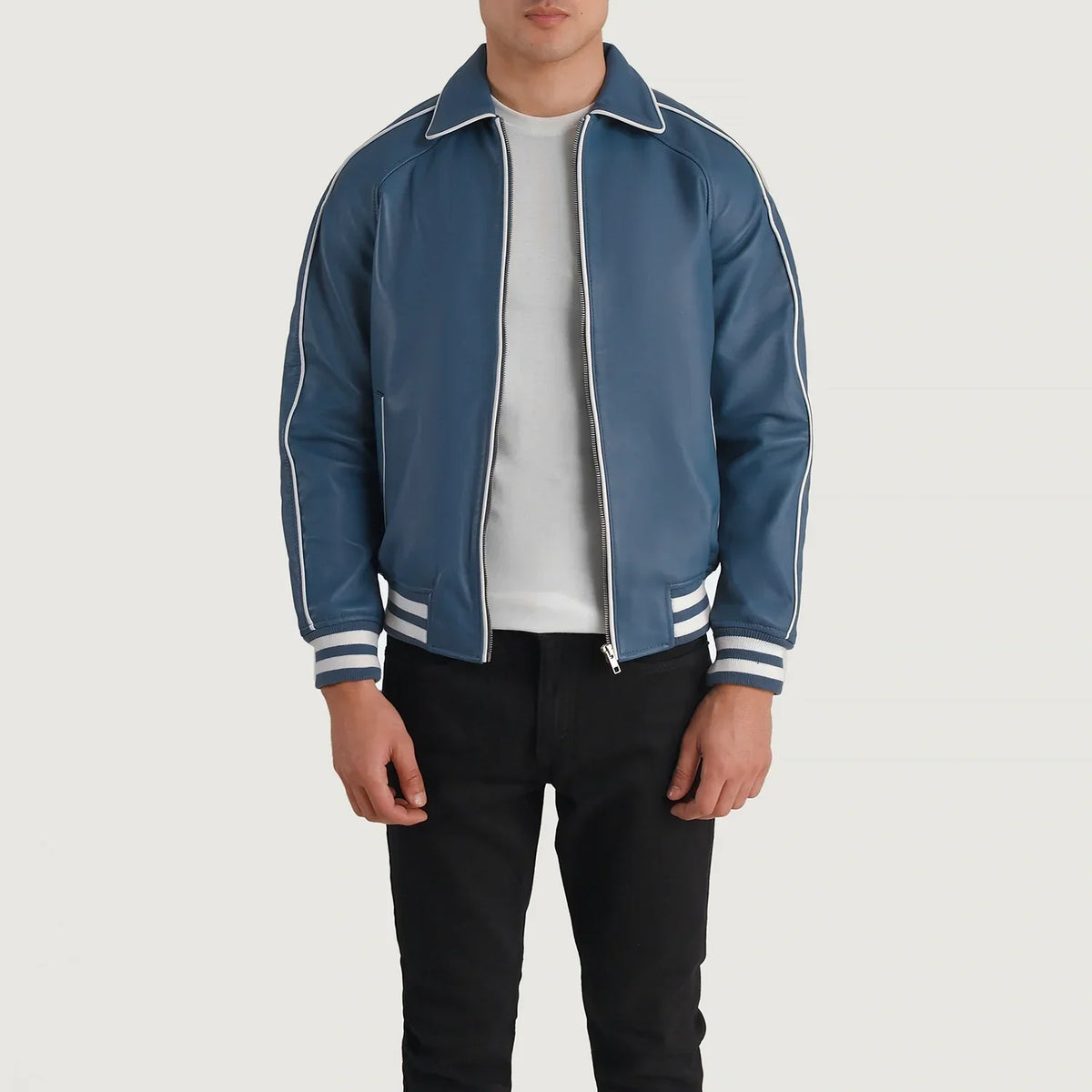 Cooper Blauw Leather Varsity Leren Jas voor Heren in Blue Sheepskin Leather - Front Profile View &amp; Tailored Silhouette | Buy Online