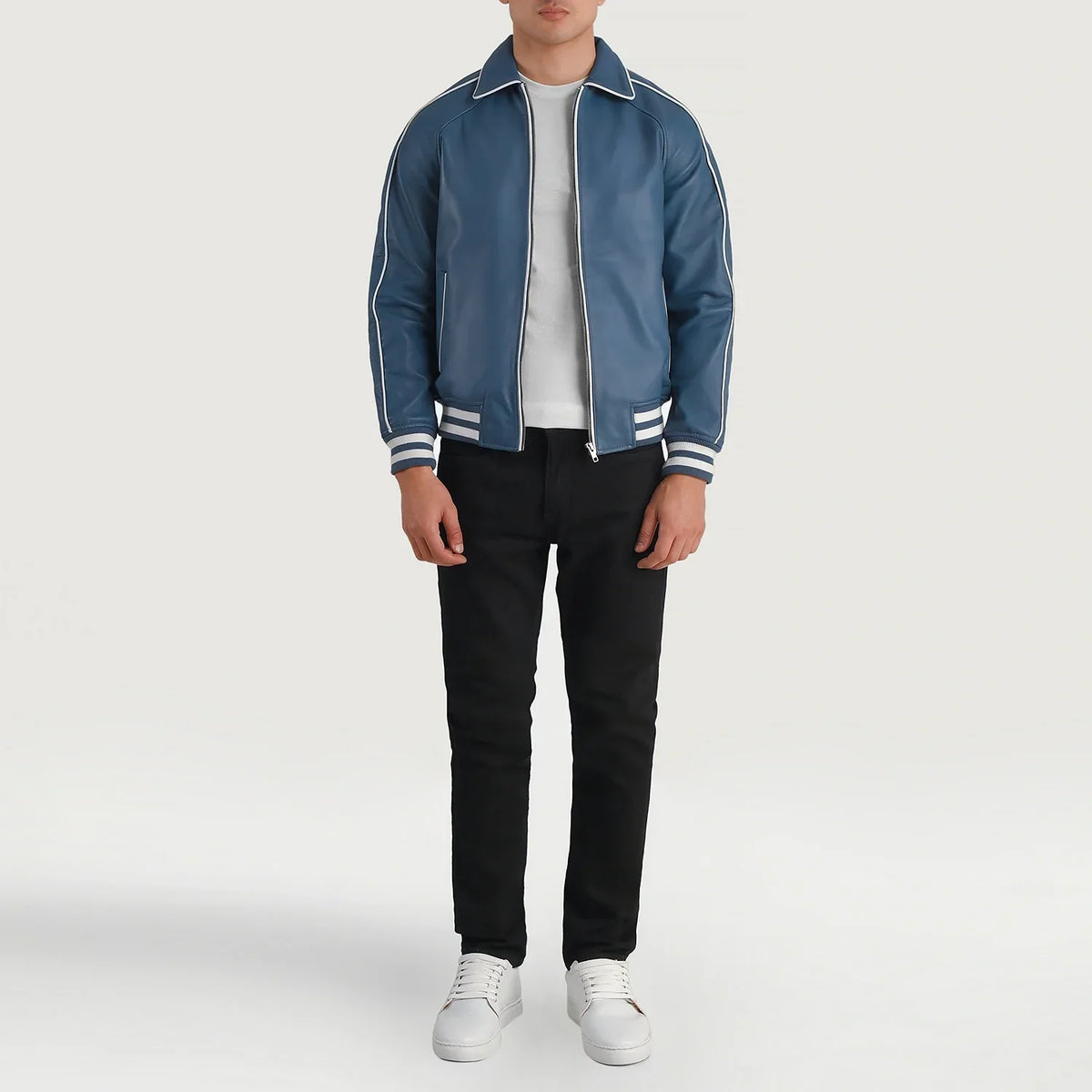 Cooper Blauw Leather Varsity Leren Jas voor Heren - Lateral Side Profile View Showing Sleeve Cut &amp; Athletic Taper Fit