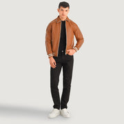 Cooper Lichtbruin Bruin Leather Varsity Leren Jas voor Heren in Tan Brown Sheepskin Leather - Front Profile View &amp; Tailored Silhouette | Buy Online