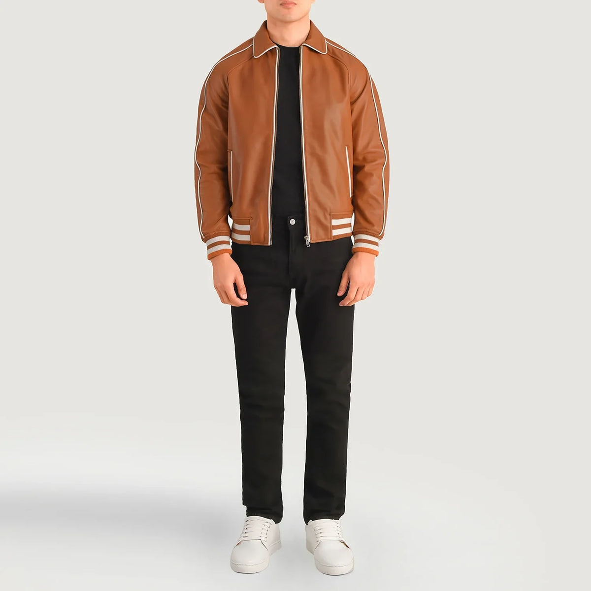 Cooper Lichtbruin Bruin Leather Varsity Leren Jas voor Heren - Lateral Side Profile View Showing Sleeve Cut &amp; Athletic Taper Fit