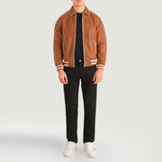 Cooper Lichtbruin Bruin Leather Varsity Leren Jas voor Heren - Lateral Side Profile View Showing Sleeve Cut &amp; Athletic Taper Fit