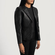 
Cora Gewatteerd Zwart Leren Leren Blazer voor Dames - Zijaanzicht met ergonomische mouwsnede