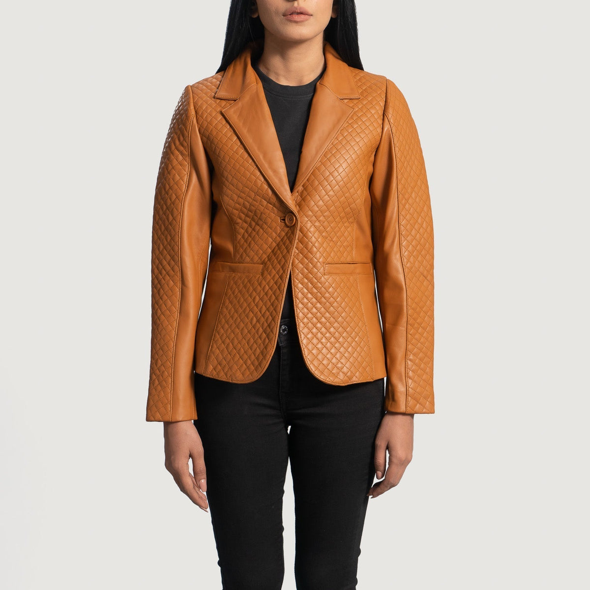 Women's Cora Gewatteerd Bruin Leren Leren Blazer voor Dames in Brown Sheepskin Leather - Front Profile View &amp; Tailored Silhouette | Buy Online